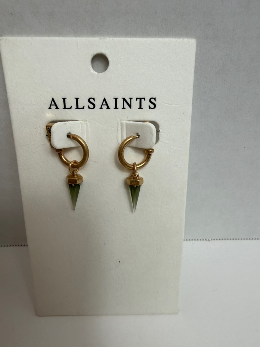AllSaints Pierced Gold Hoops with Olive Green Spike Hang - Picture 2 of 6